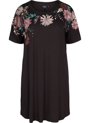 Short sleeve viscose nightgown with floral print, Black Flower , Packshot image number 0
