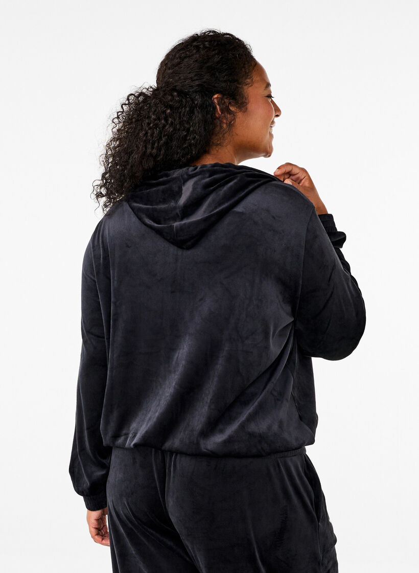 Velour cardigan with hood, Black, Model image number 1