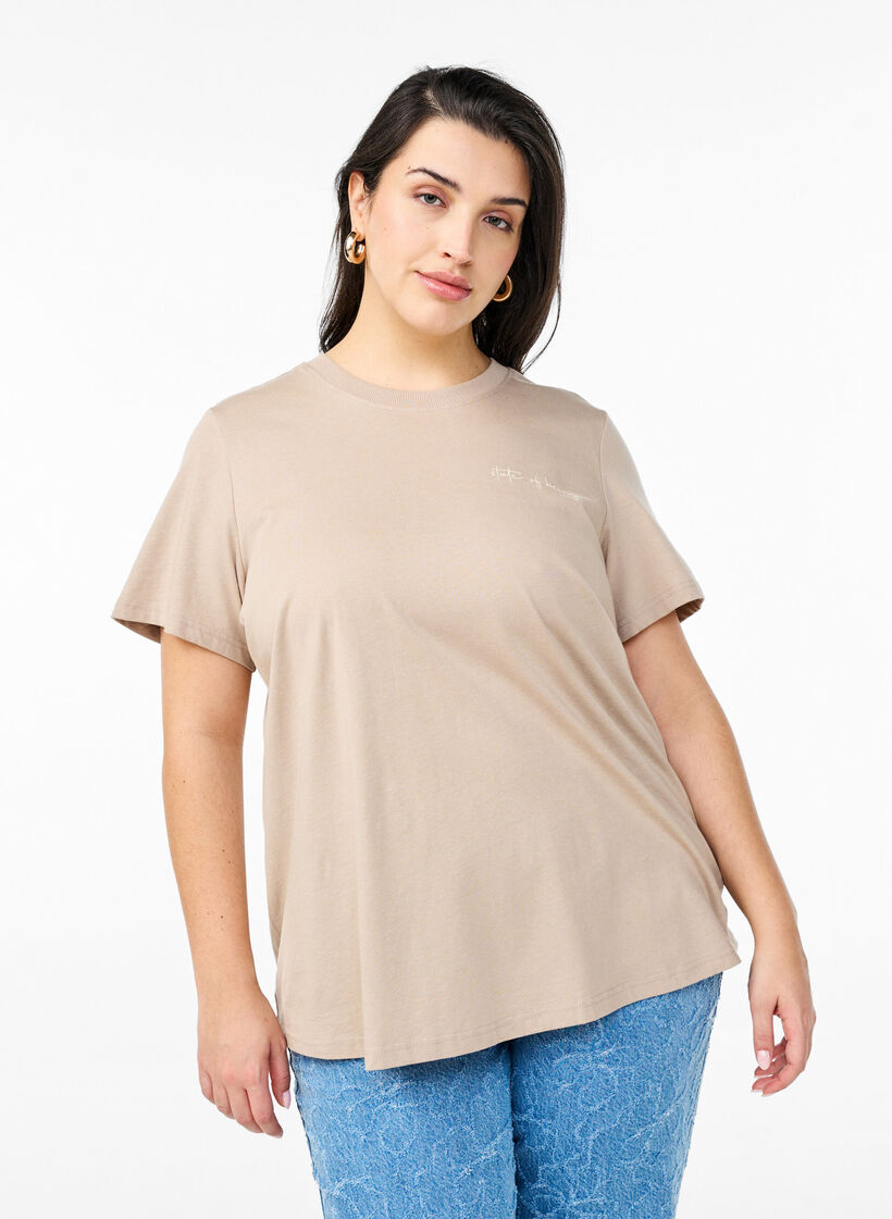 T-shirt with text print and round neck, Brown, Model image number 0