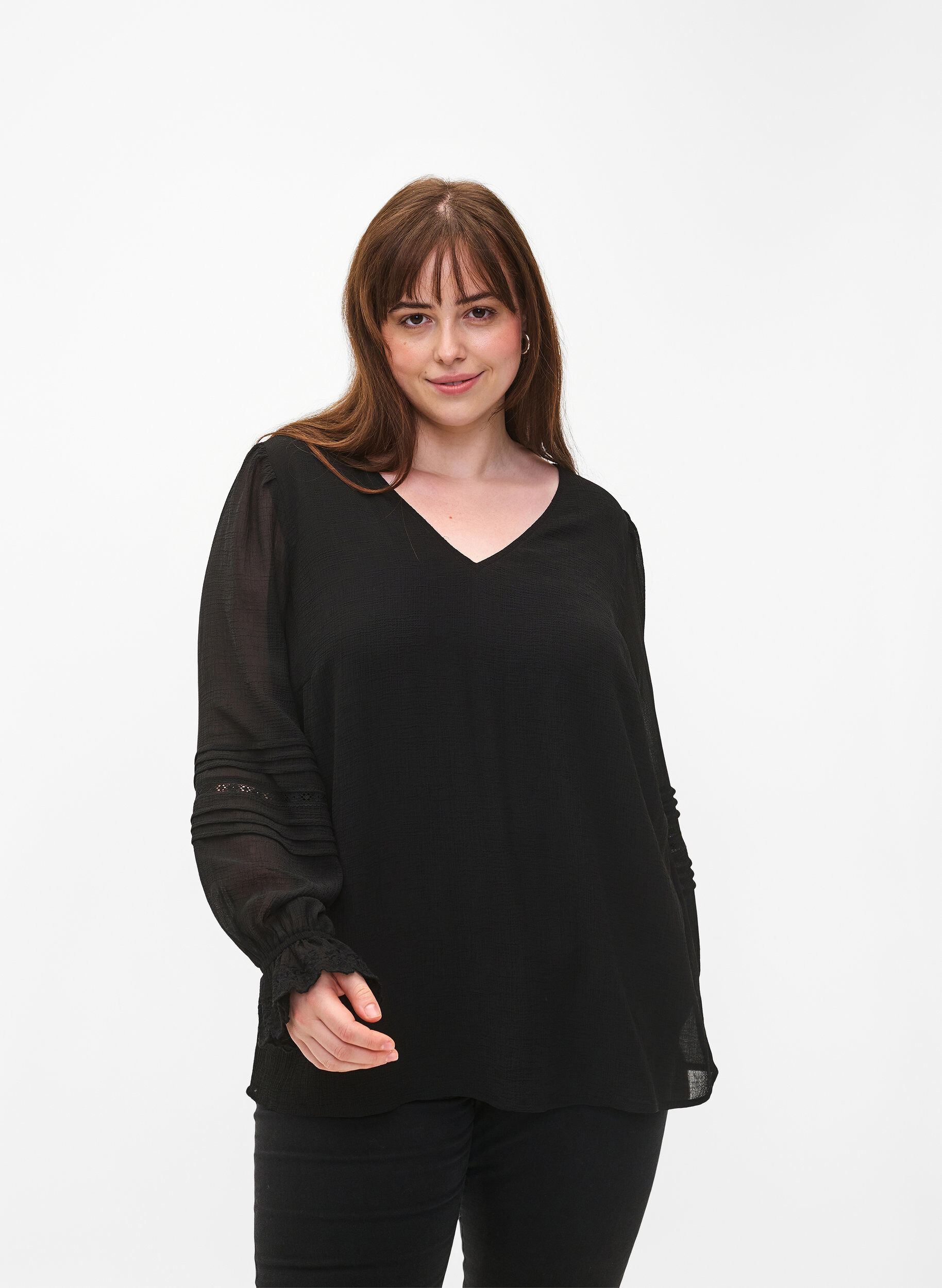 Zizzifashion V-neck blouse with ruffle sleeves, Black, Model image number 0