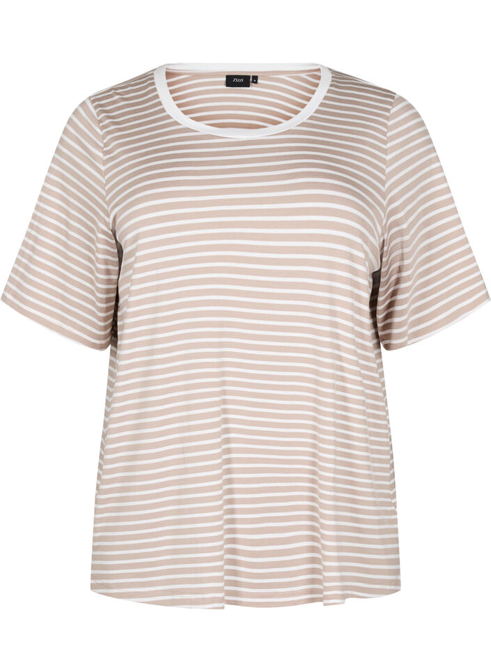 T-shirt with TENCEL™ Lyocell and stripes, Beige, Packshot image number 0