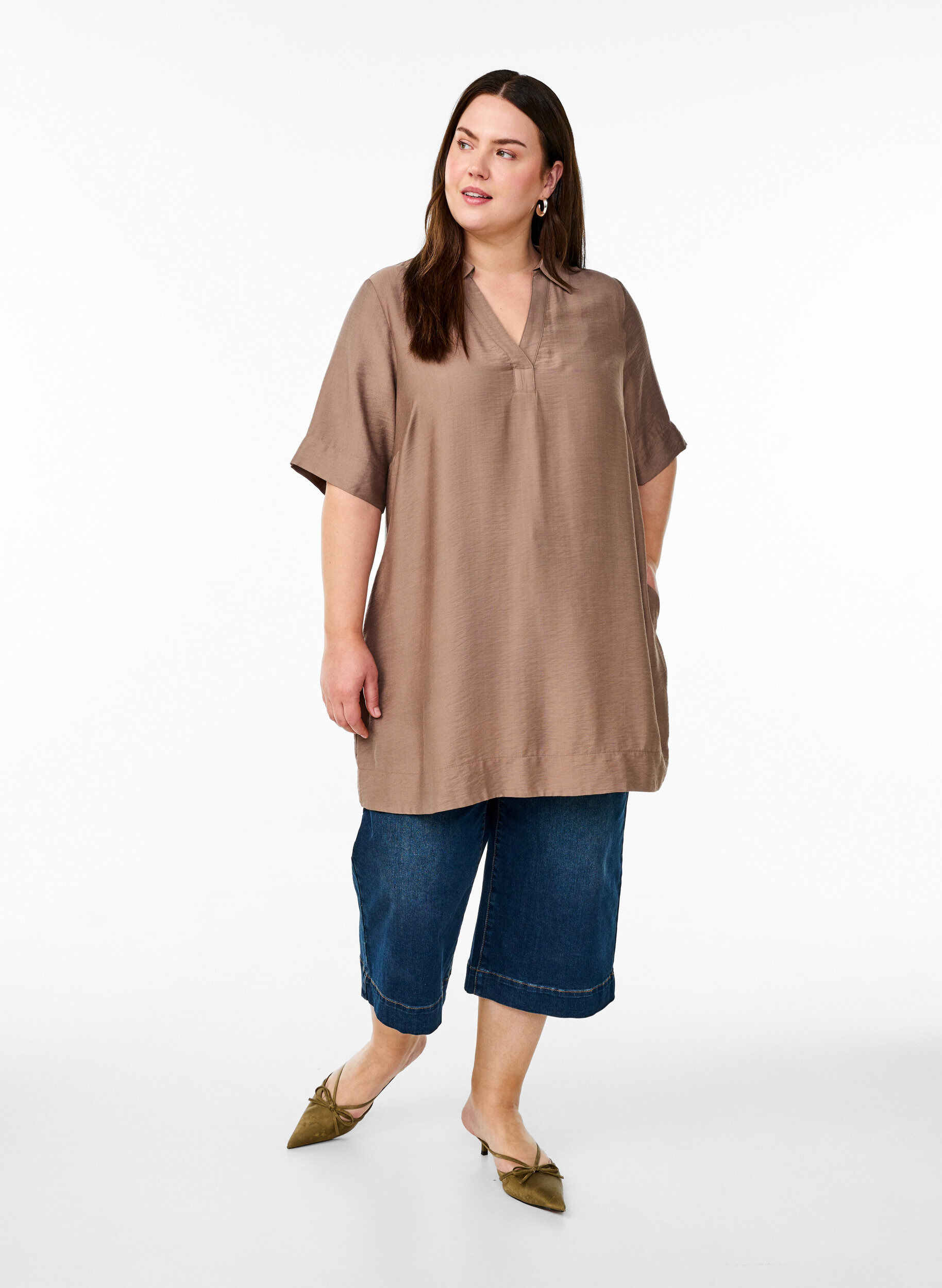 Zizzifashion Tunic with collar and side pockets, Brown, Model image number 1