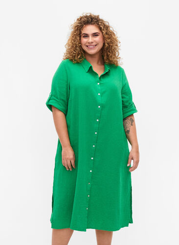 Cotton shirt dress with short sleeves, Bright Green, Model image number 0