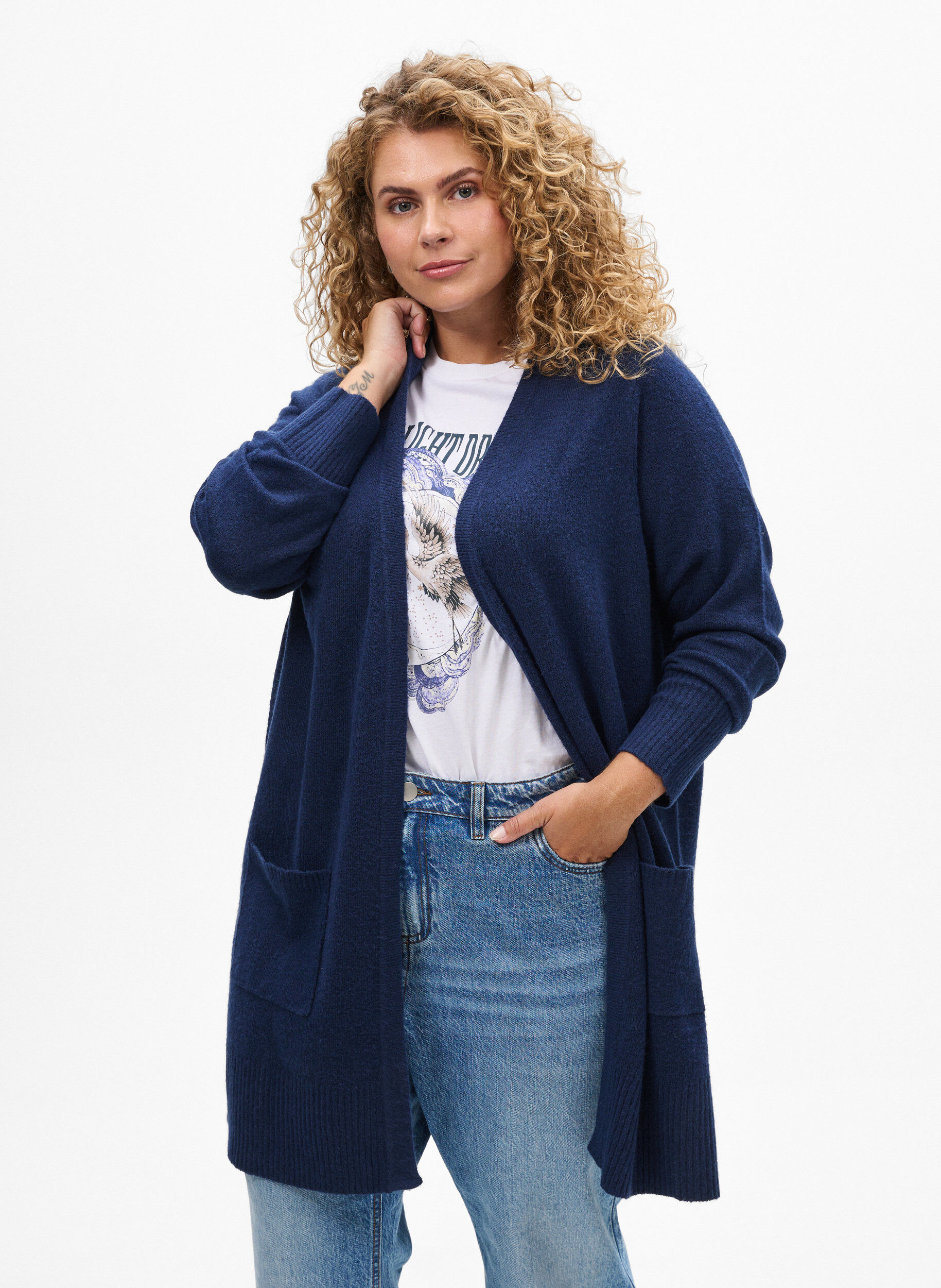 Ribbed Knit Cardigan with Pockets, Blue, Model