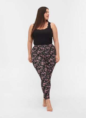 Viscose leggings with floral print, Black AOP FLOWER, Model image number 0