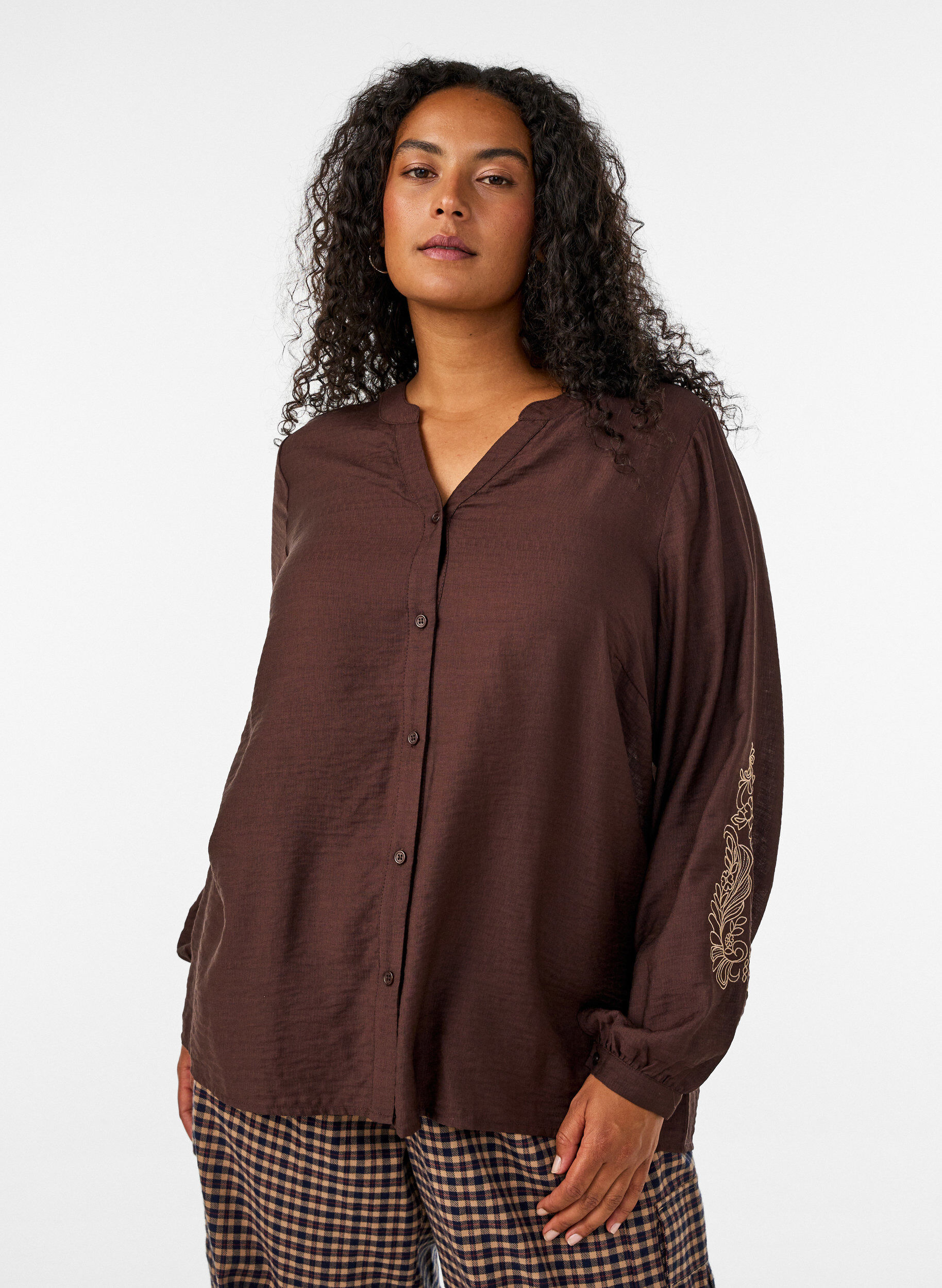 ZizzifashionViscose shirt with embroidered sleeves, Brown, Model image number 0