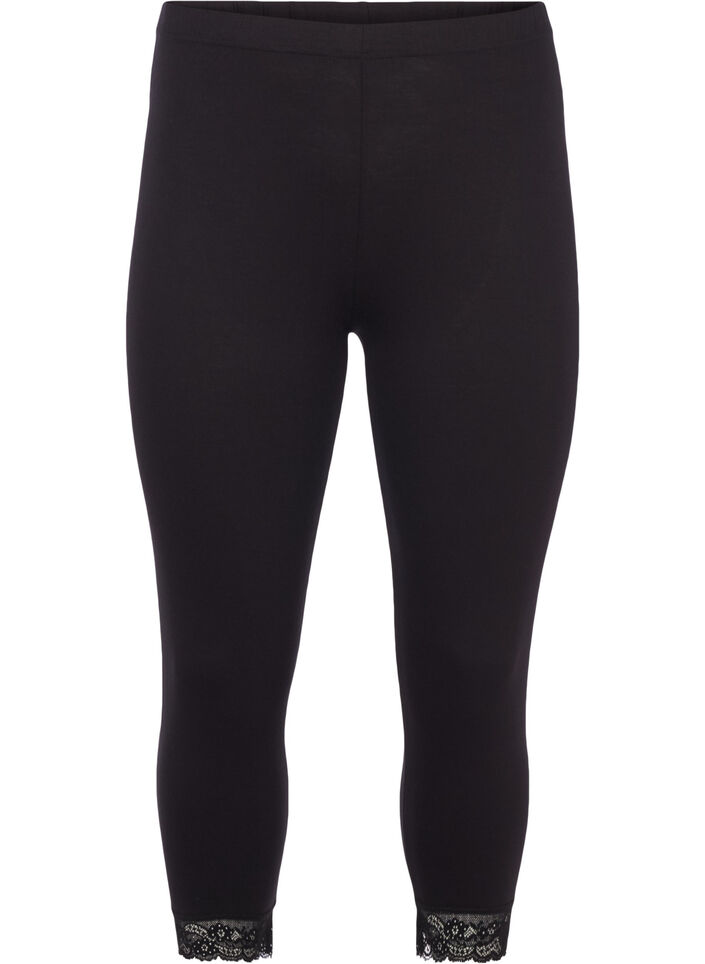 Basic 3/4 leggings with lace trim, Black, Packshot image number 0
