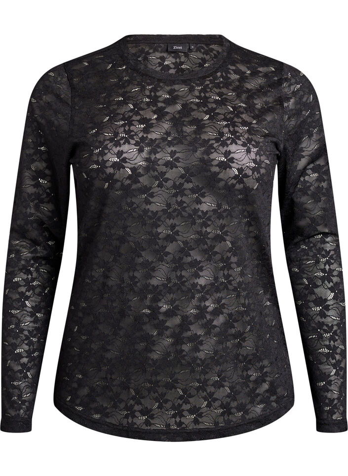 Lace blouse with round neck and slim fit, Black, Packshot image number 0