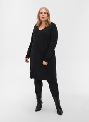 Plain V-neck knitted dress, Black, Model image number 2