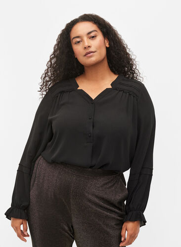 Top with long sleeves and button closure, Black, Model image number 0