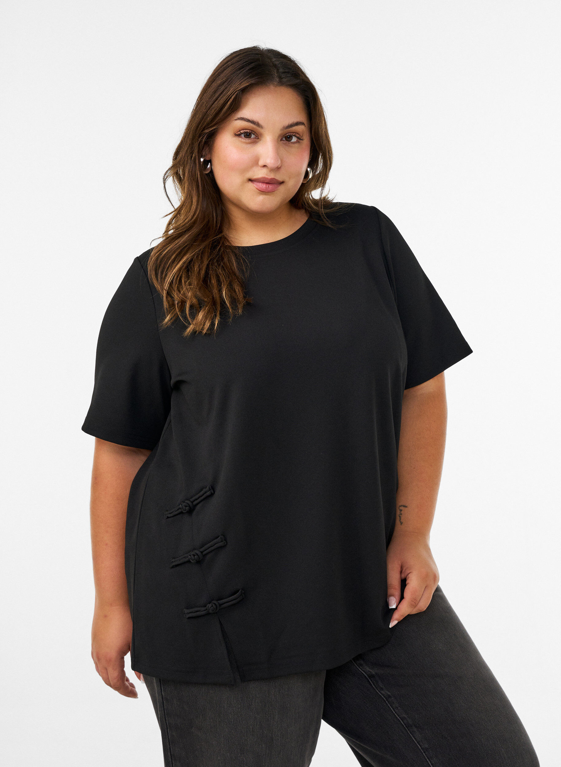 ZizzifashionT-shirt with slits and decorative knot closures, Black, Model image number 0