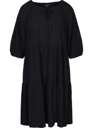 Cotton dress with 3/4 sleeves and tie detail, Black, Packshot image number 0