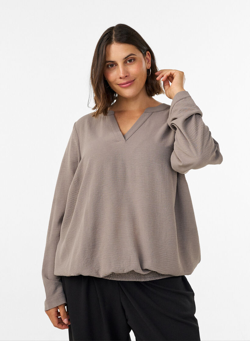 Balloon silhouette blouse with V-neck, Beige, Model image number 0
