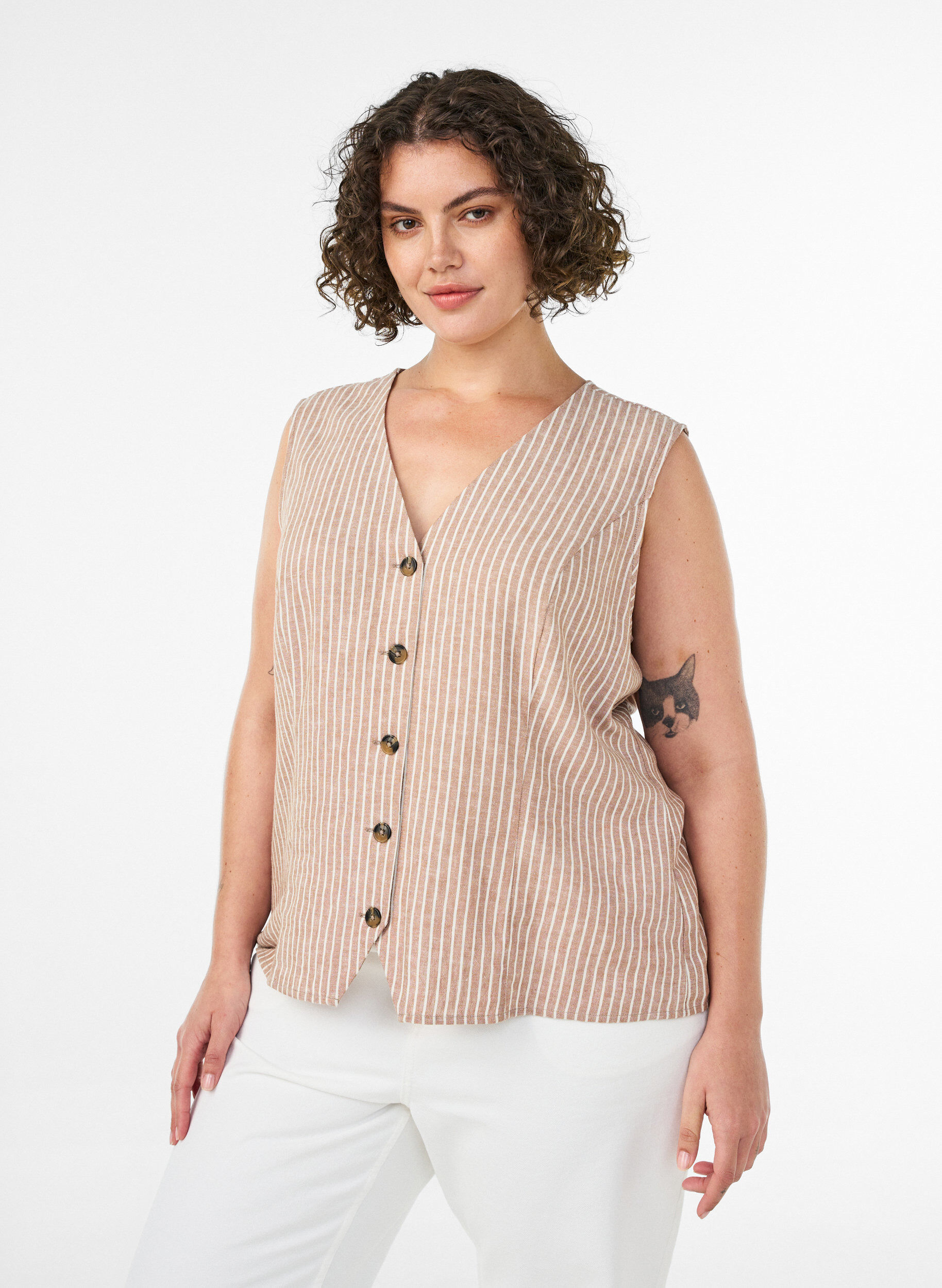 Zizzifashion Striped vest in linen and viscose, Beige, Model image number 0