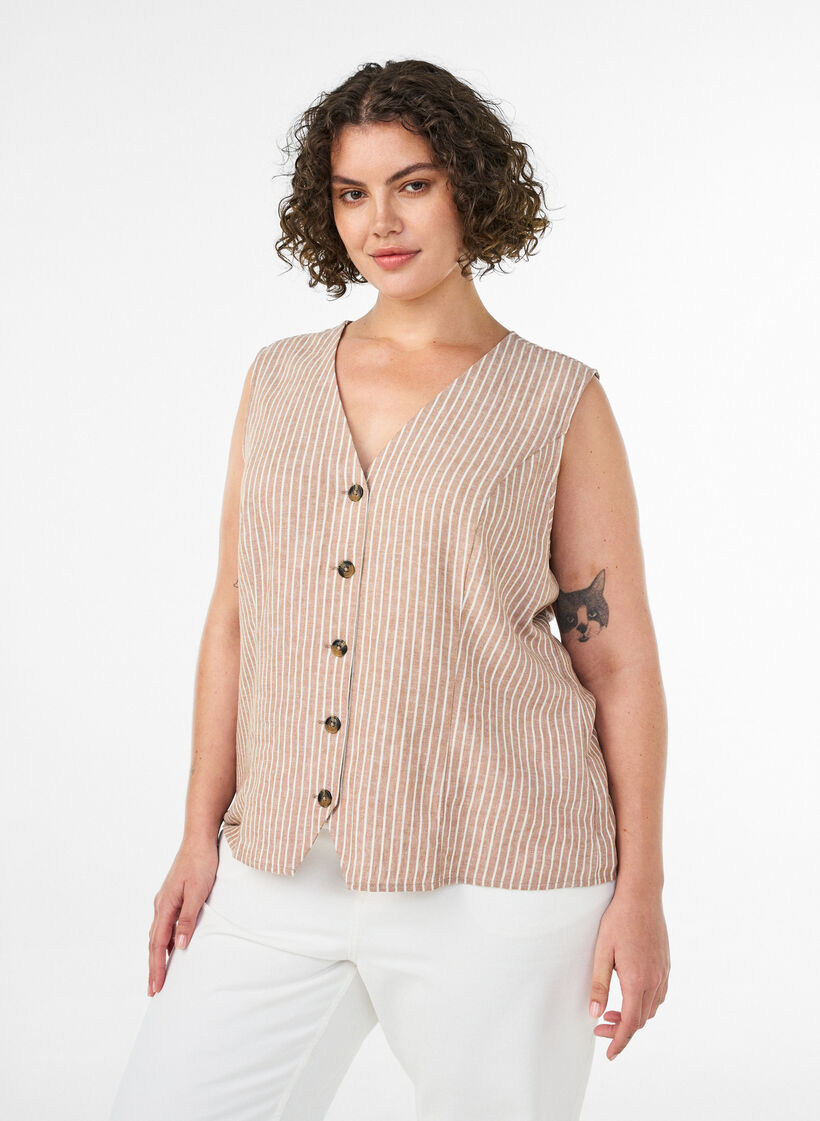 Striped vest in linen and viscose, Beige, Model image number 0