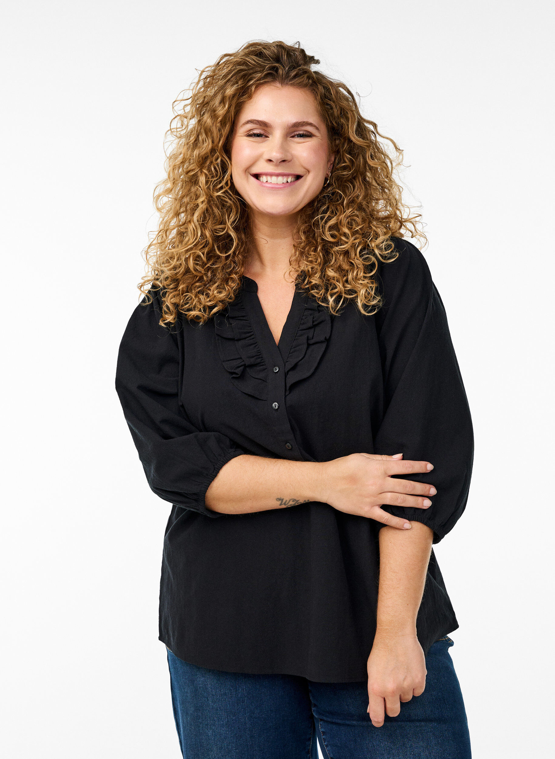 3/4 Sleeve cotton blouse, Black, Model