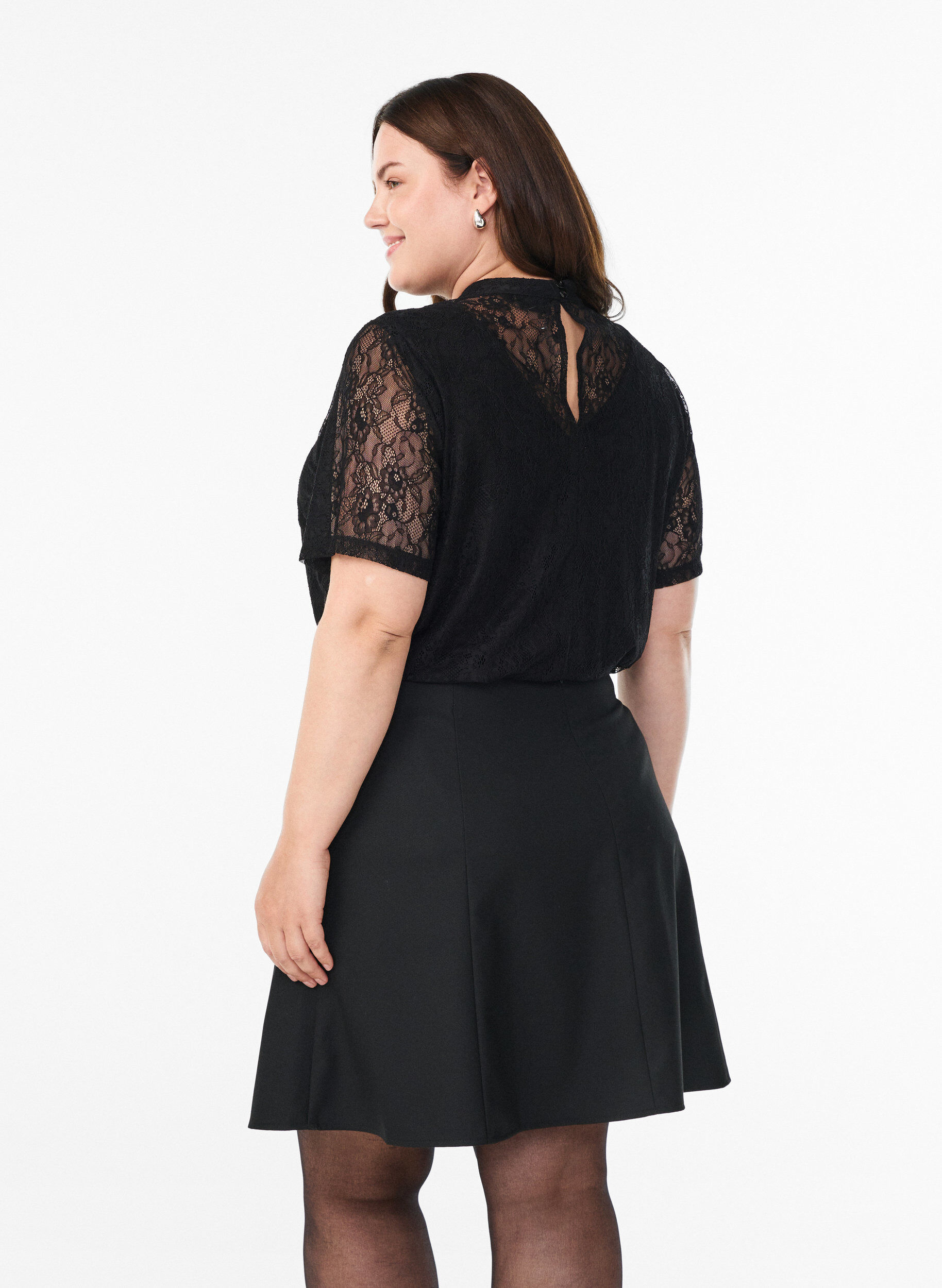 Zizzifashion Lace blouse with twist detail and short sleeves, Black, Model image number 2