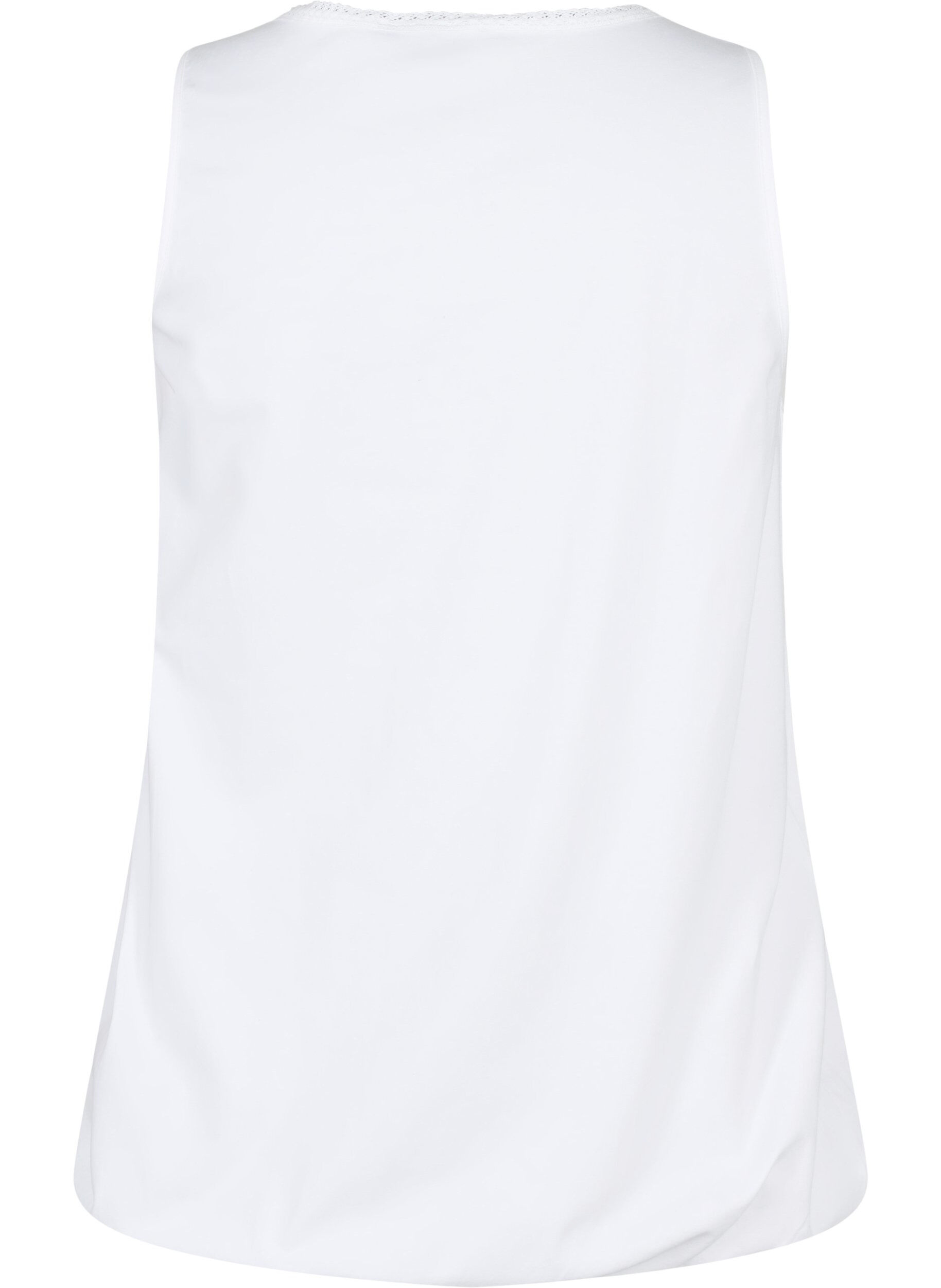 Zizzifashion Cotton top with round neck and lace trim, Bright White, Packshot image number 1