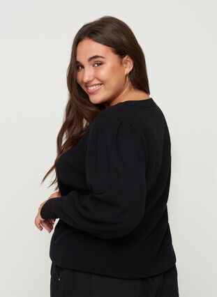 Knitted blouse with a ribbed pattern and balloon sleeves, Black, Model image number 1
