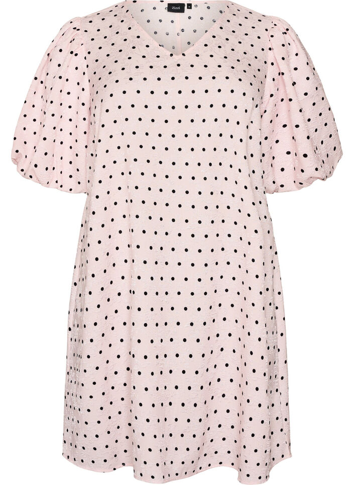 Polka dot A-line dress with balloon sleeves, Pink, Packshot image number 0