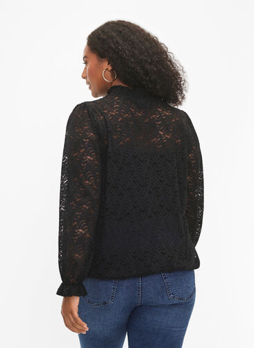 Long-sleeved lace blouse with smock, Black, Model image number 1