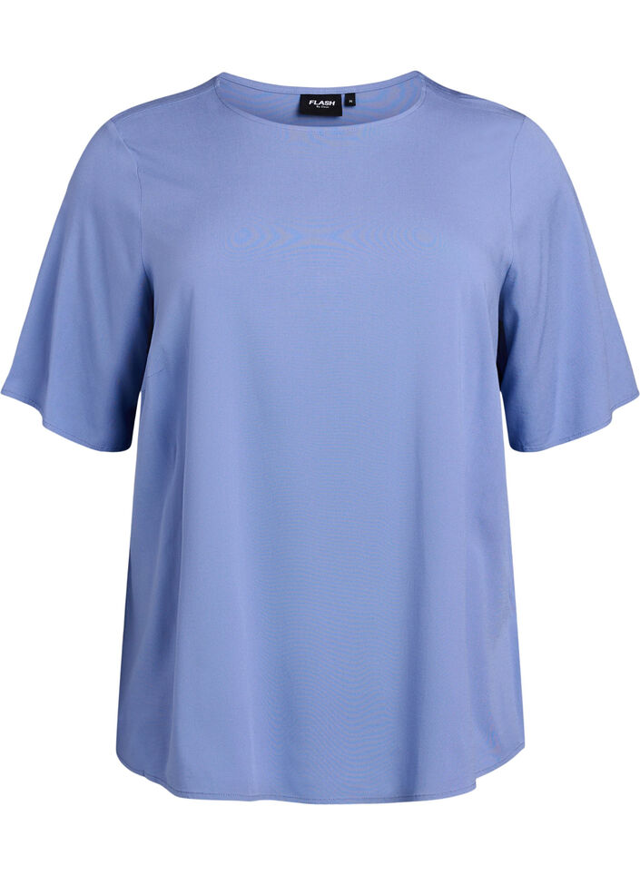 FLASH - Short-sleeved woven blouse with round neck, Blue, Packshot image number 0