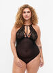 Halterneck bodystocking with lace and strings, Black, Model image number 0