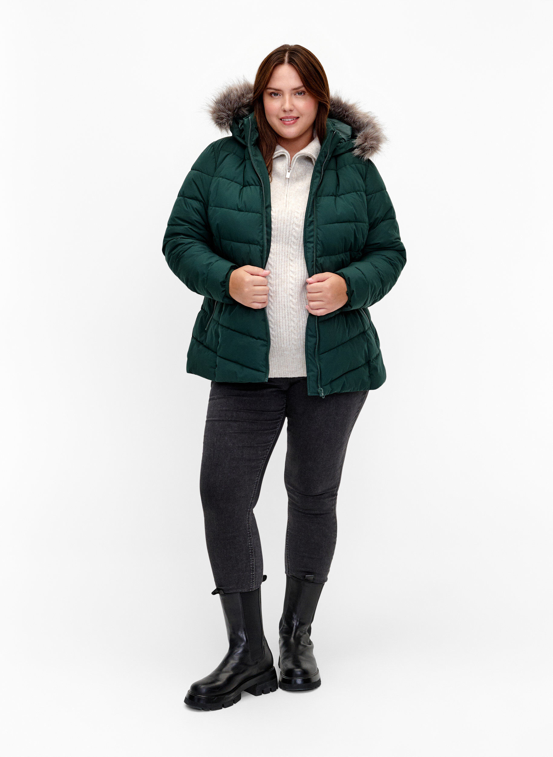 ZizzifashionShort puffer jacket with hood, Green, Model image number 1
