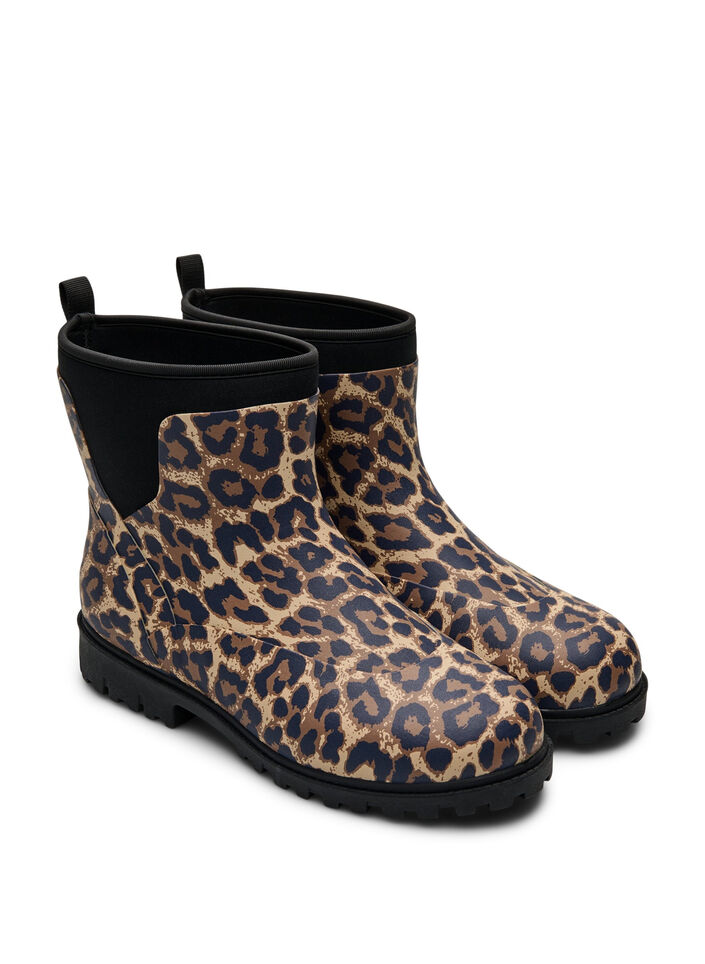 Wide fit - Short wellies with elastic neoprene shaft, Leopard AOP, Packshot image number 1