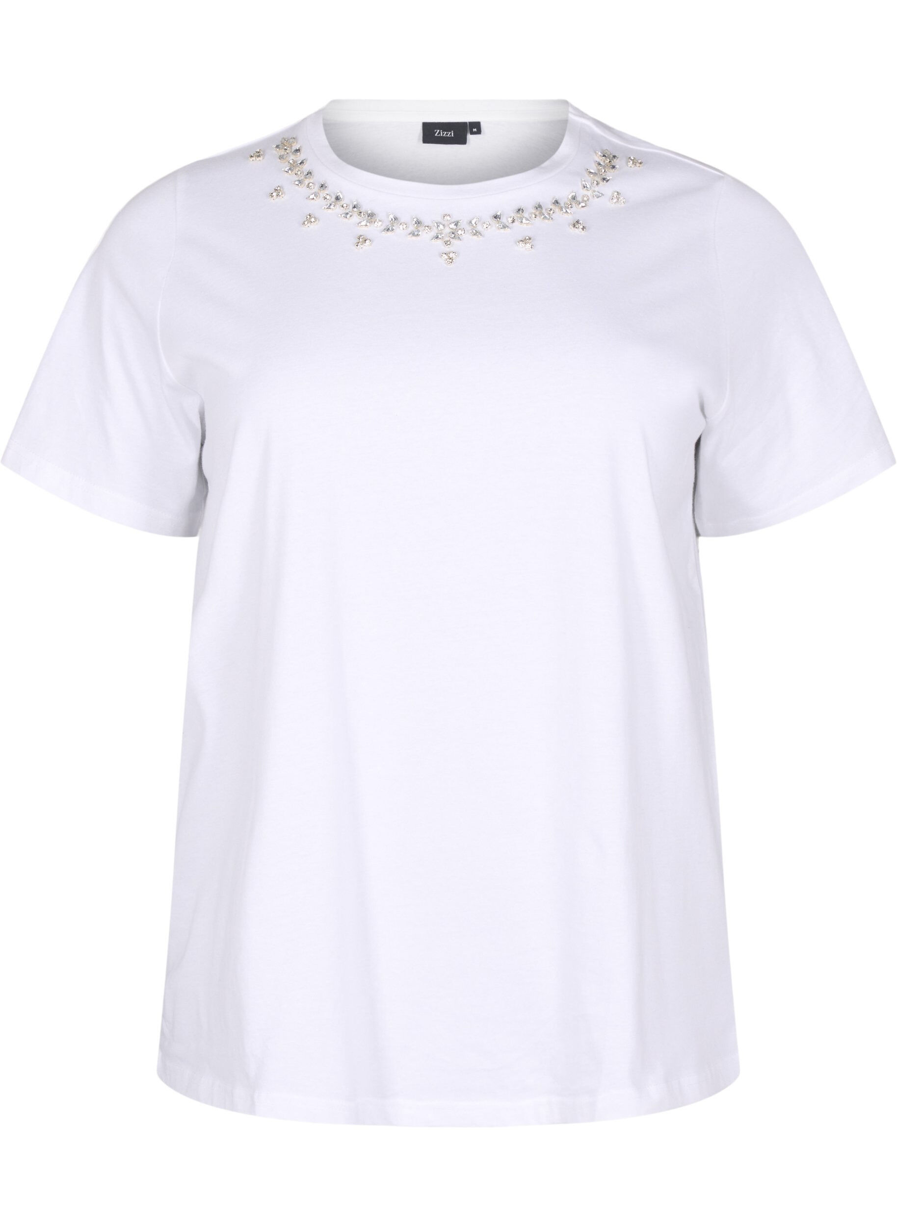 Zizzifashion T-shirt with round neck and rhinestones, Bright White, Packshot image number 0