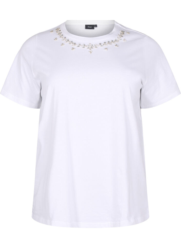 T-shirt with round neck and rhinestones, Bright White, Packshot image number 0