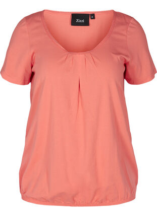 Short-sleeved t-shirt with a round neck and lace trim, Living Coral, Packshot image number 0