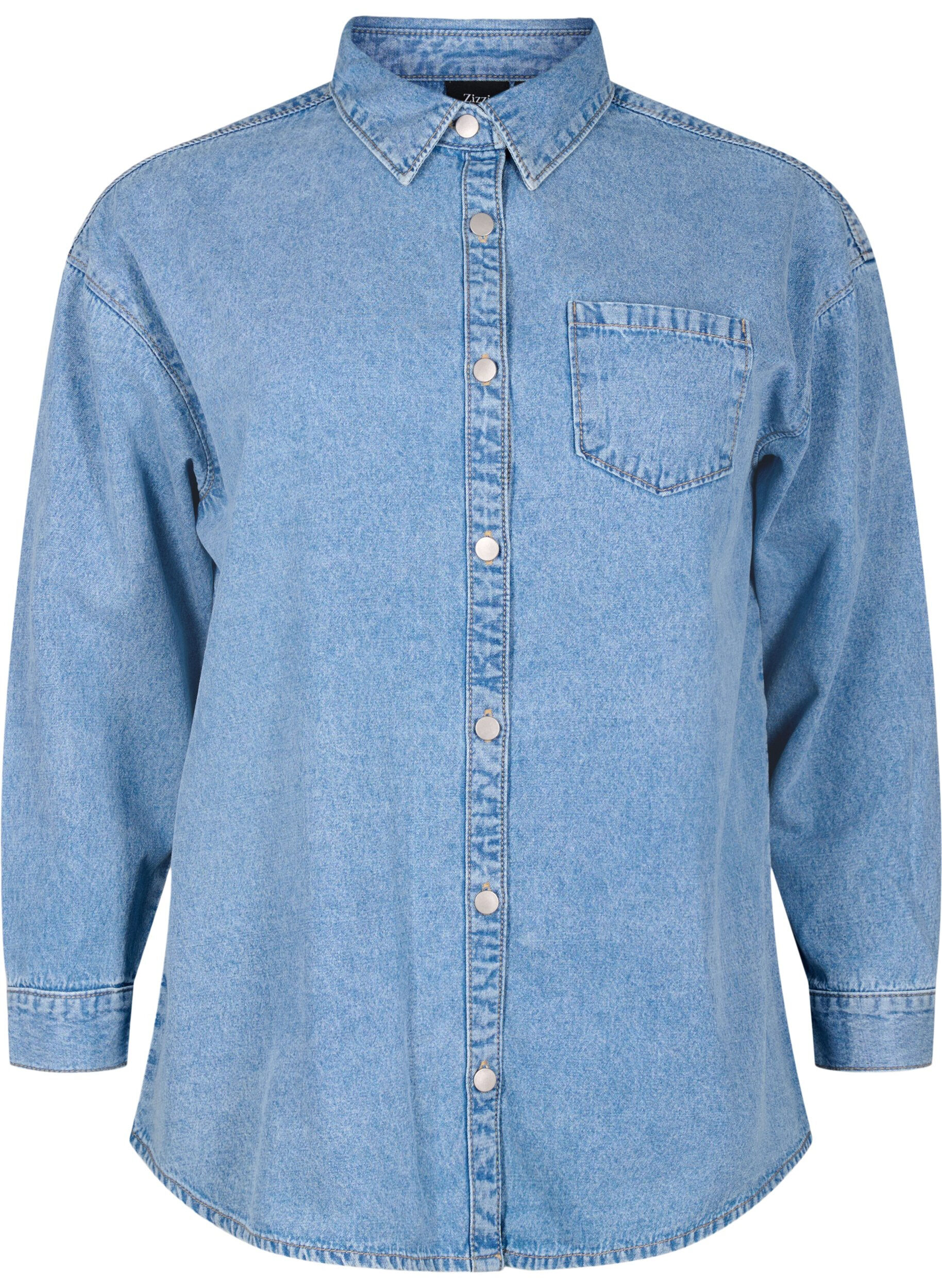 Zizzifashion Loose denim shirt with chest pocket, Light blue denim, Packshot image number 0