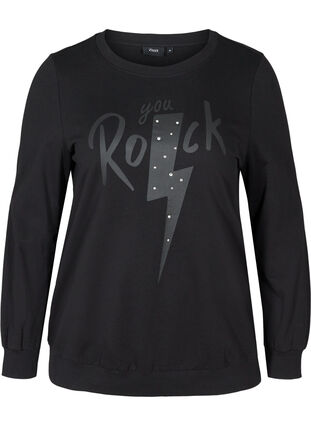 Cotton sweatshirt with a print on the chest, Black w. Black, Packshot image number 0