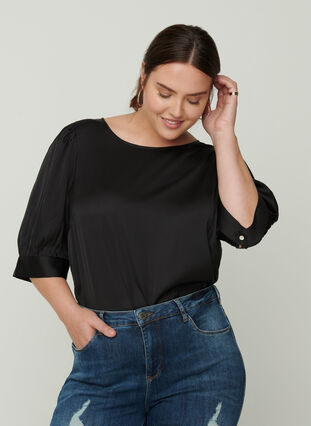 Short-sleeved shiny blouse, Black, Model image number 0