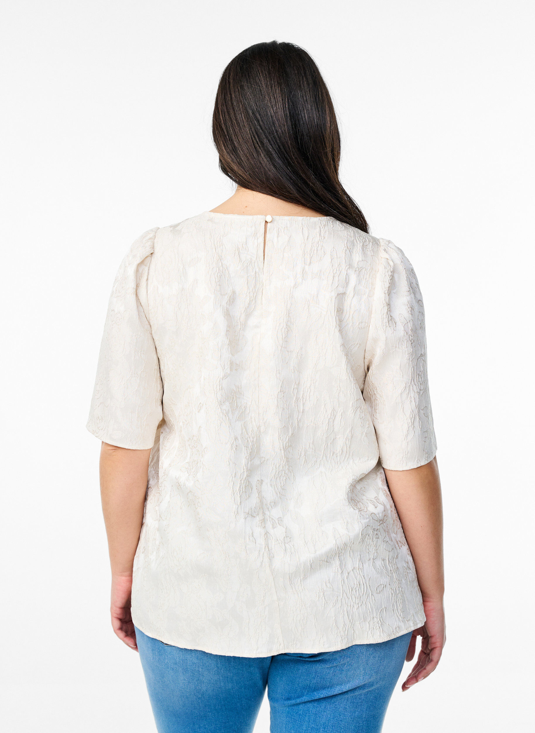 Zizzifashion Blouse with jacquard pattern and puff sleeves, Vanilla, Model image number 2
