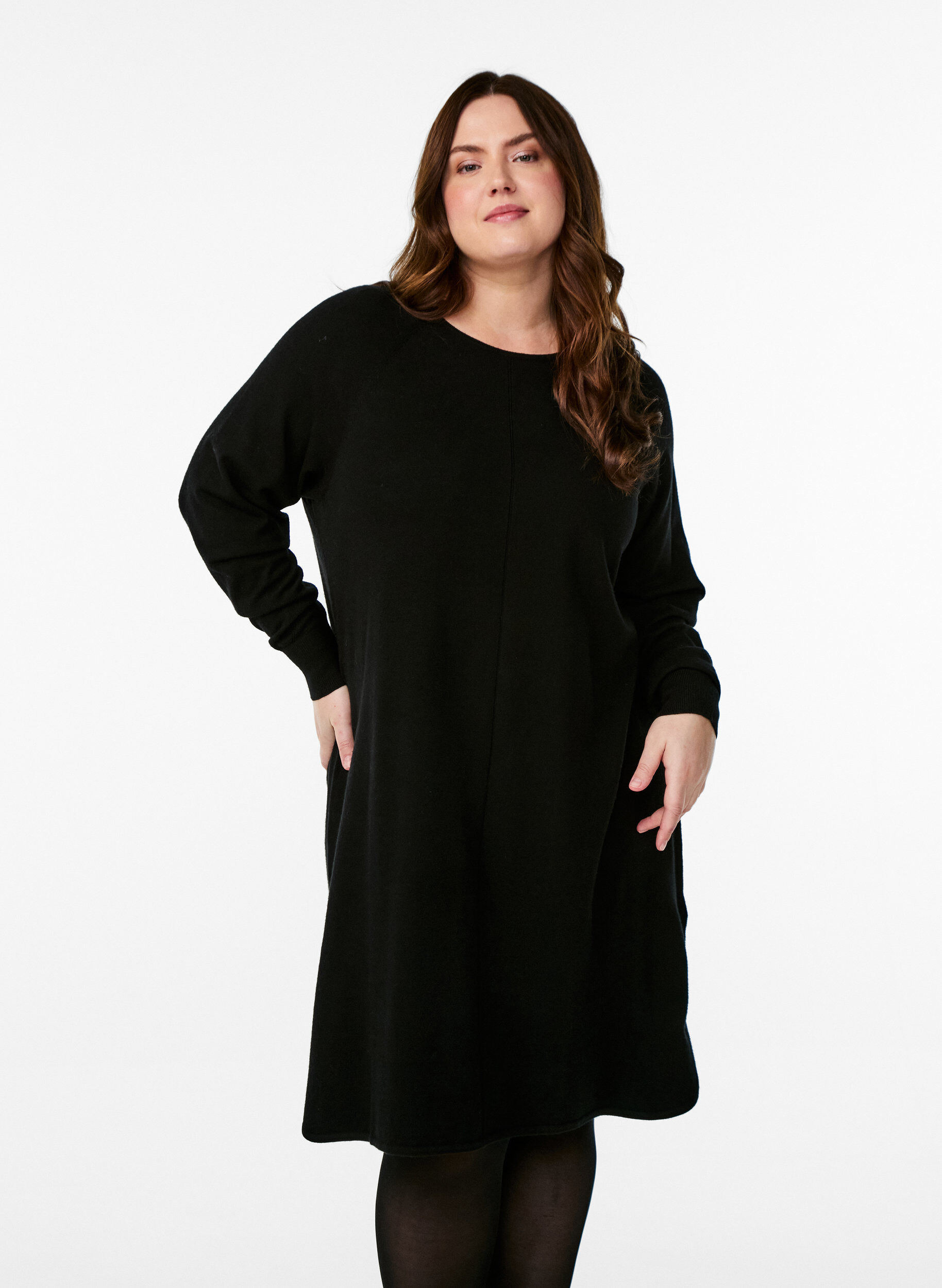 Zizzifashion Knitted dress with a round neck and knitted pattern, Black, Model image number 0