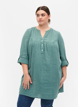 Tunic in cotton with embroidery anglaise, Sea Pine, Model image number 0