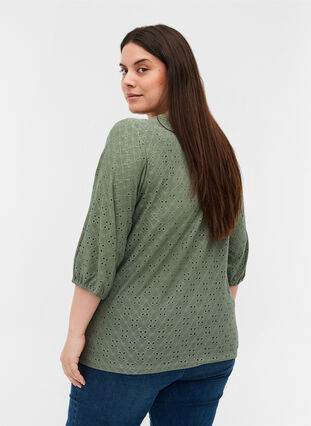Blouse with 3/4-length sleeves and broderie anglaise, Agave Green, Model image number 1