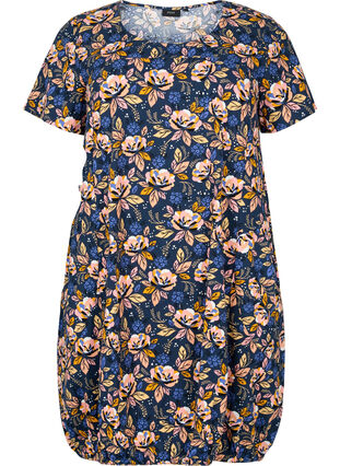 Short-sleeved, printed cotton dress, Blue Orange Flower, Packshot image number 0