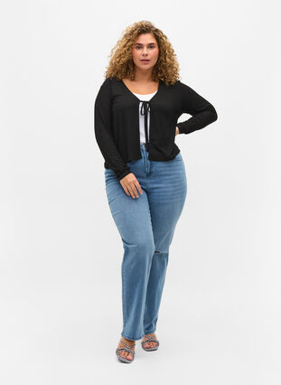 Ribbed cardigan with tie-string, Black, Model image number 2