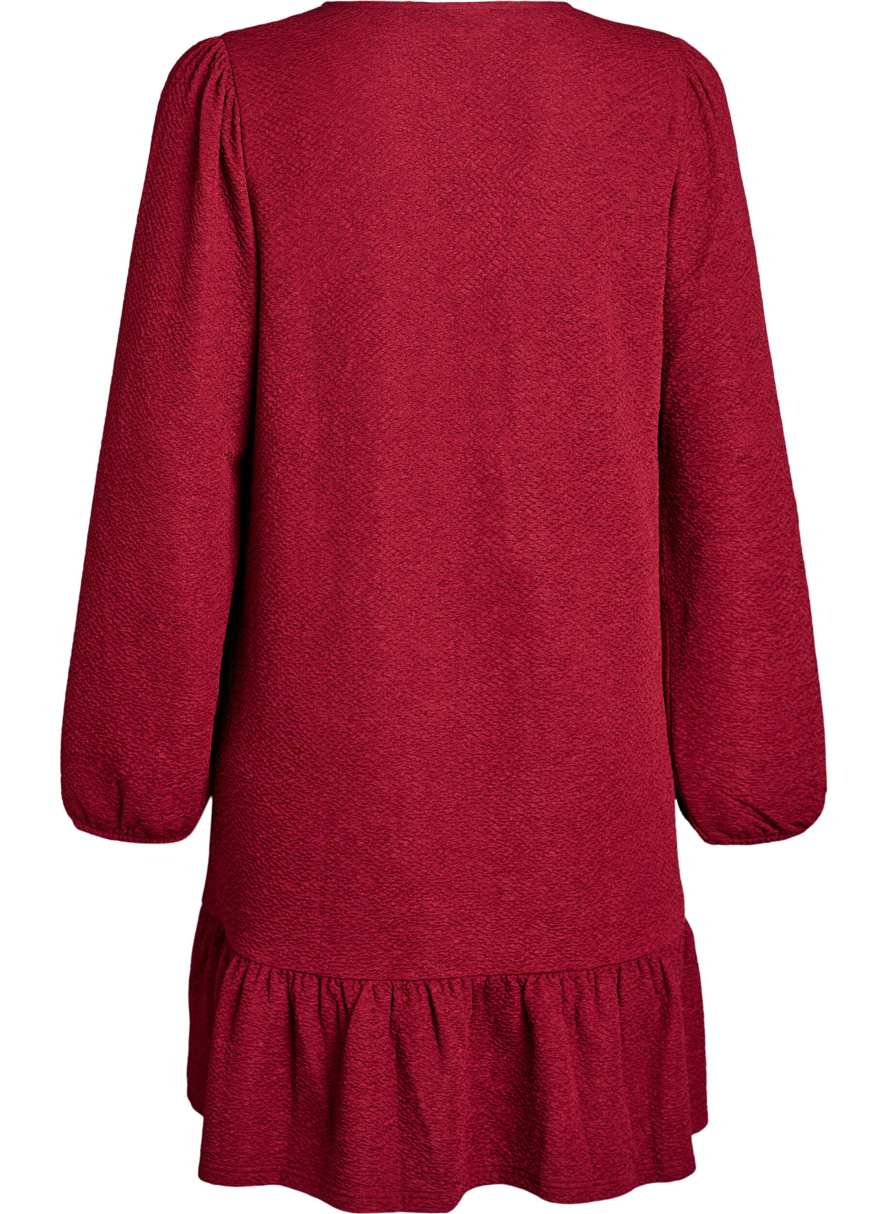 Zizzifashion Short textured dress with a ruffle hem, Dark Bordeaux, Packshot image number 1