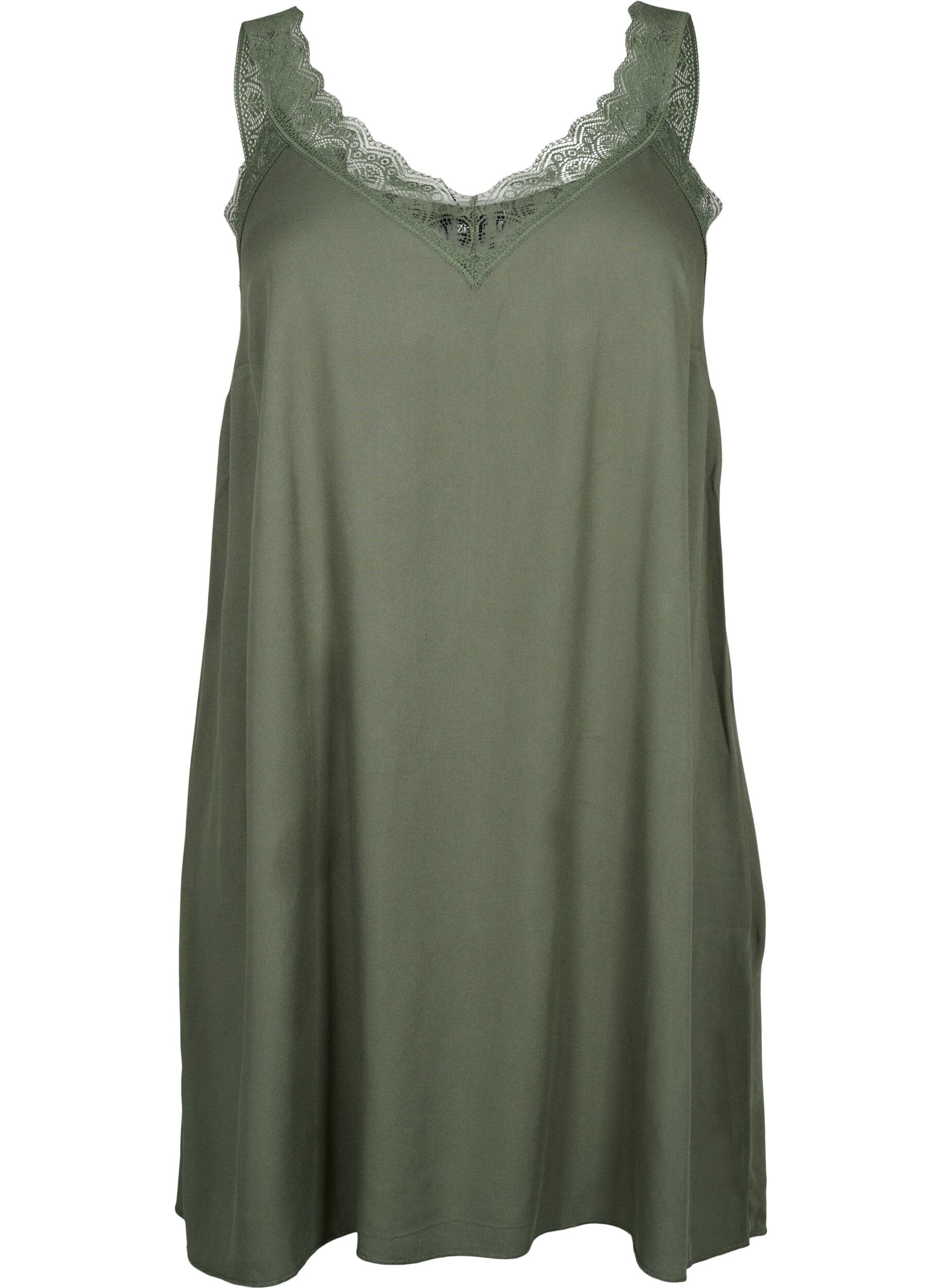 Zizzifashion Strap dress in viscose with lace, Thyme, Packshot image number 0