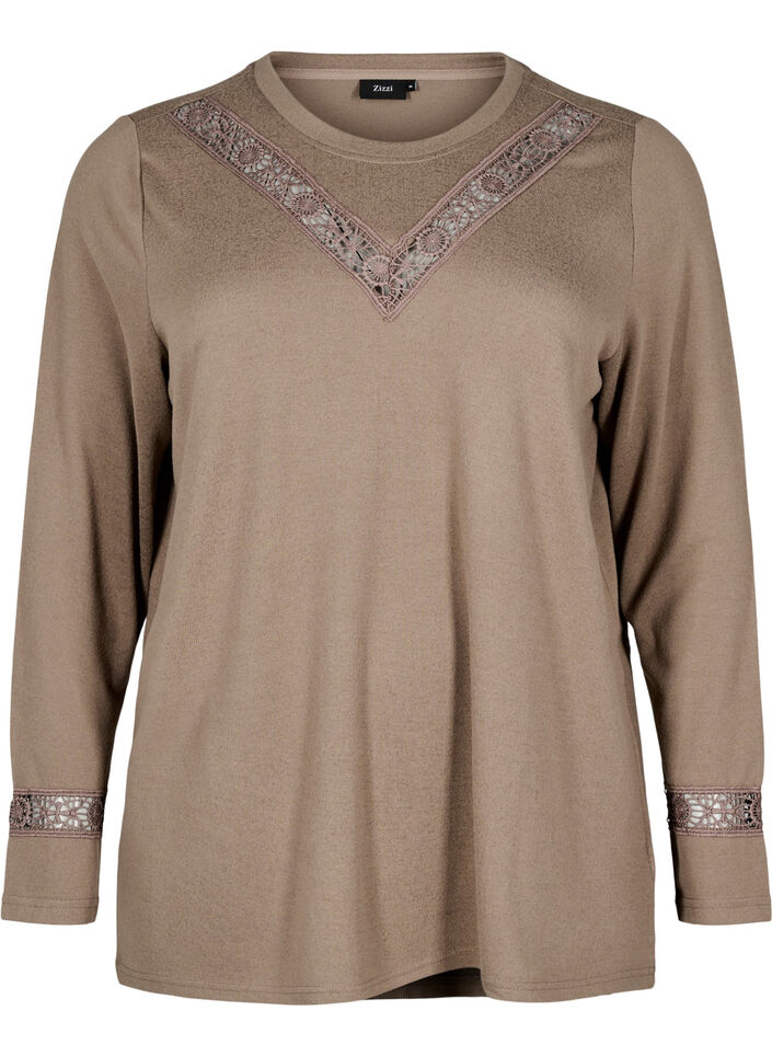 Blouse with embroidery details and long sleeves, Brown, Packshot image number 0