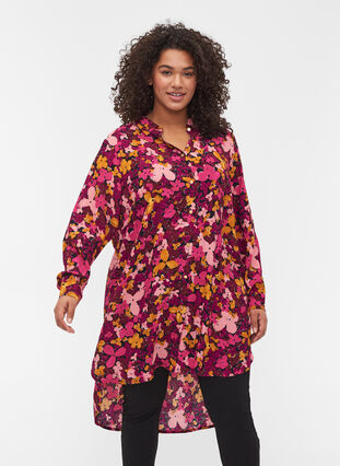Long-sleeved, floral viscose tunic, Hot Pink Flower, Model image number 0