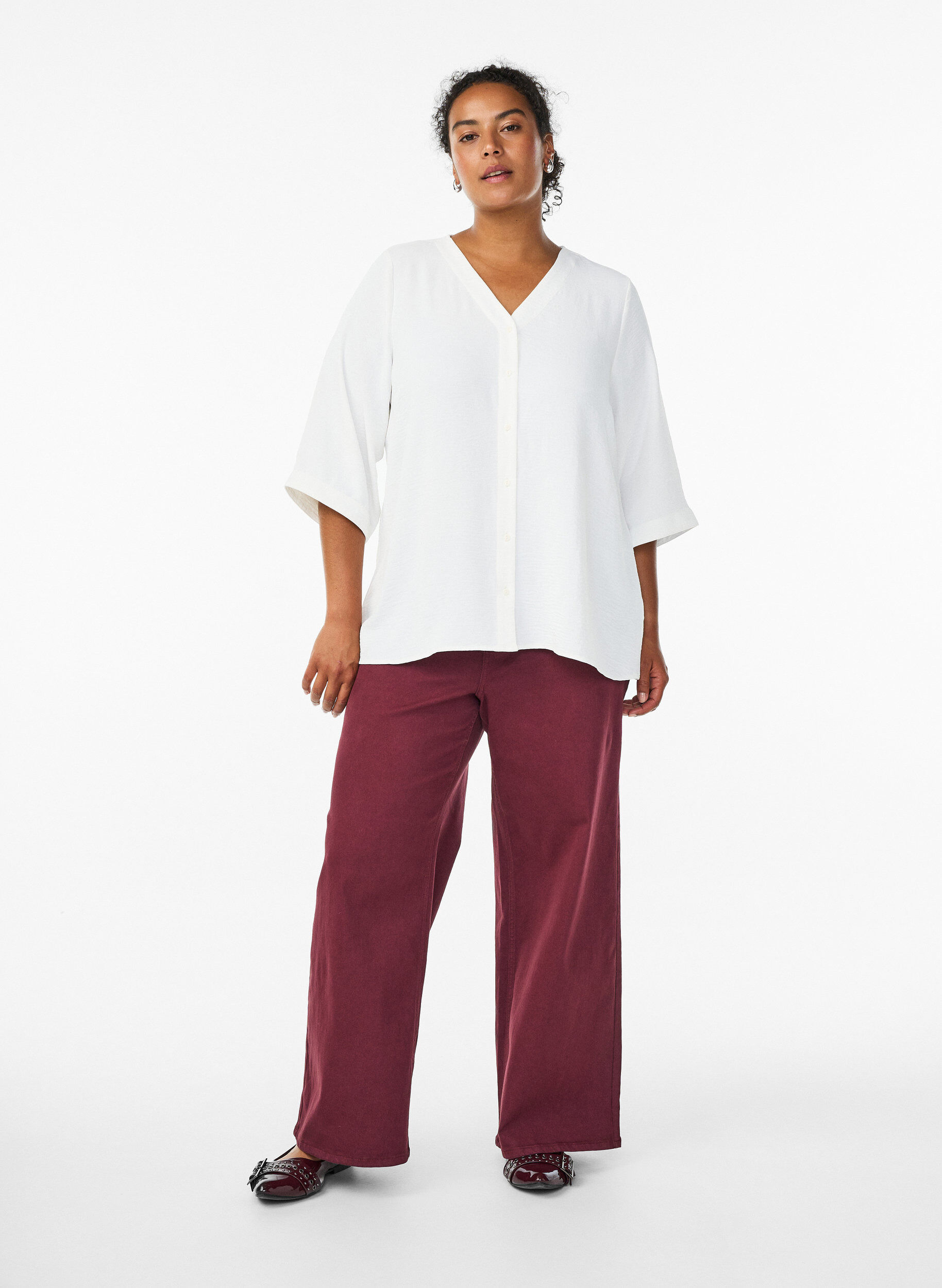 Zizzifashion FLASH &ndash; Shirt Blouse with V-Neck and 3/4 Sleeves, Vanilla, Model image number 1