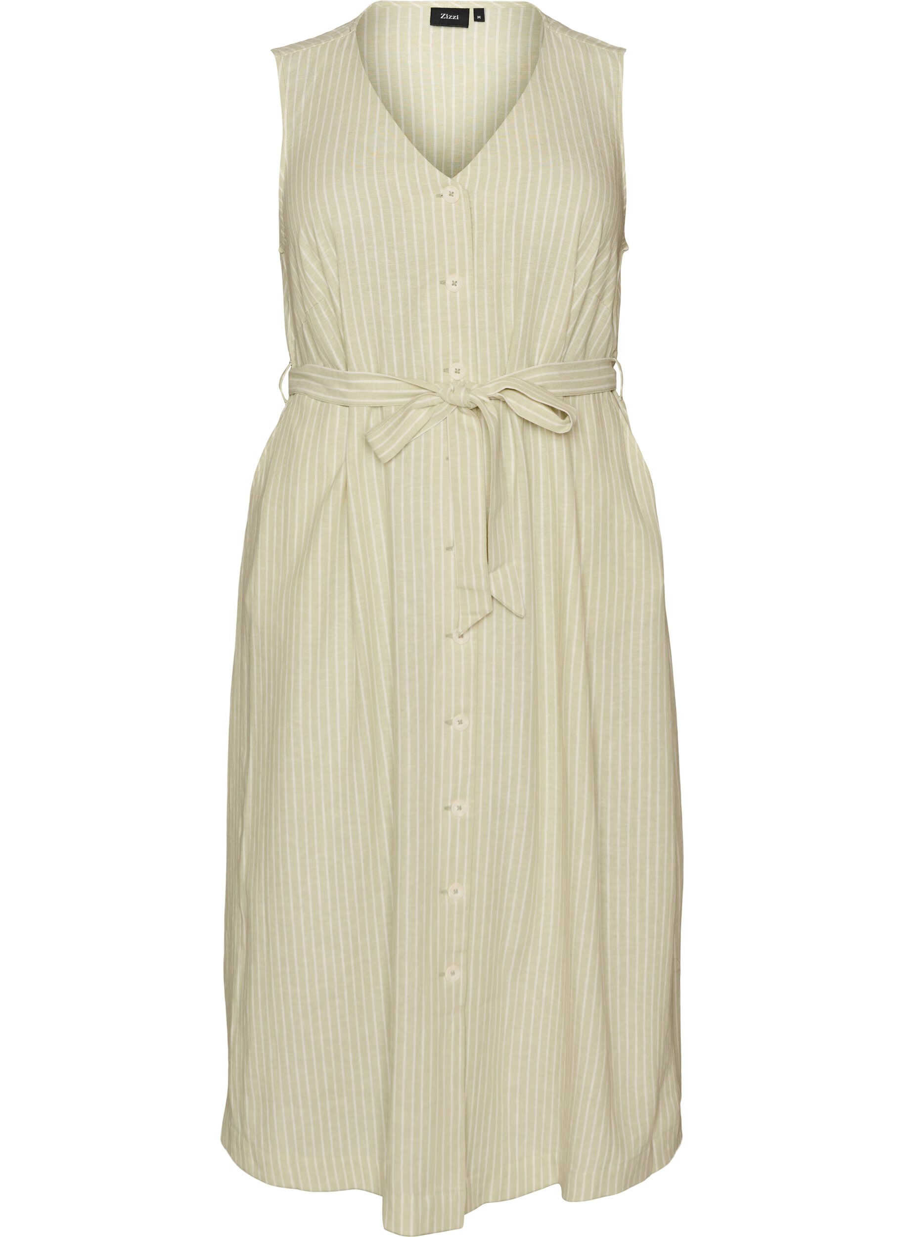 Zizzifashion Sleeveless striped midi dress in linen and viscose, Green, Packshot image number 0