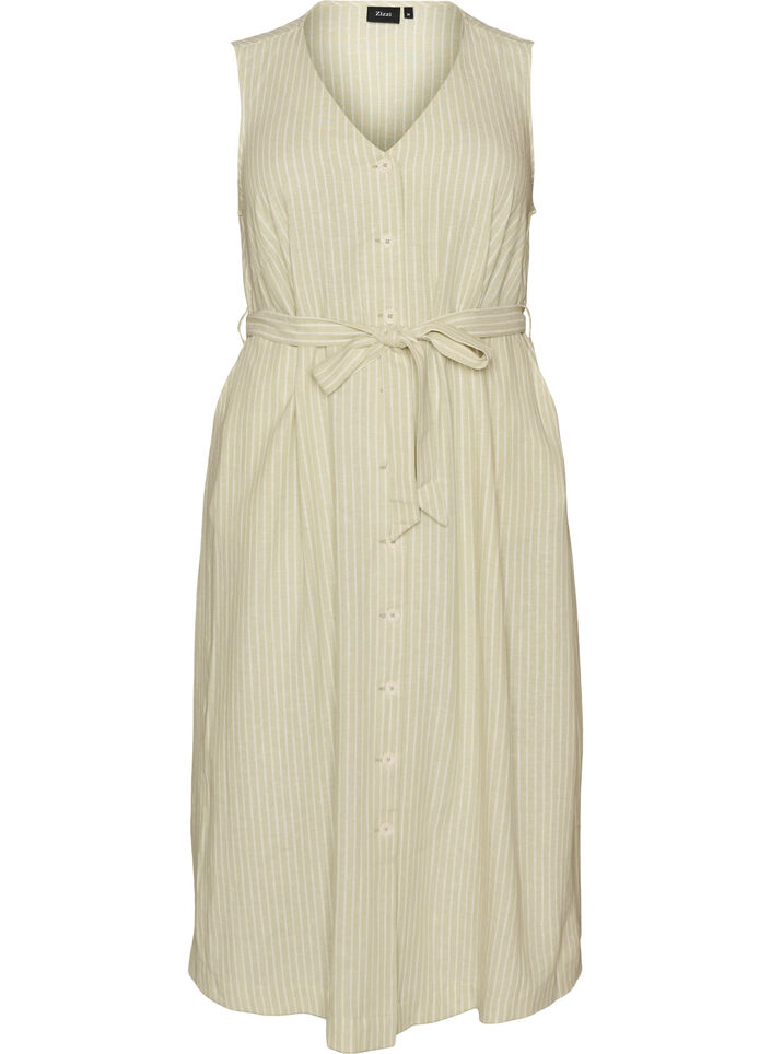 Sleeveless striped midi dress in linen and viscose, Green, Packshot image number 0