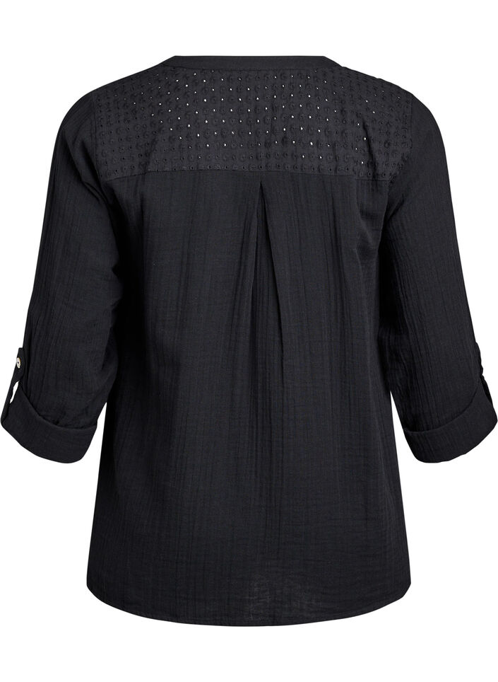Blouse in cotton muslin with broderie anglaise, Black, Packshot image number 1
