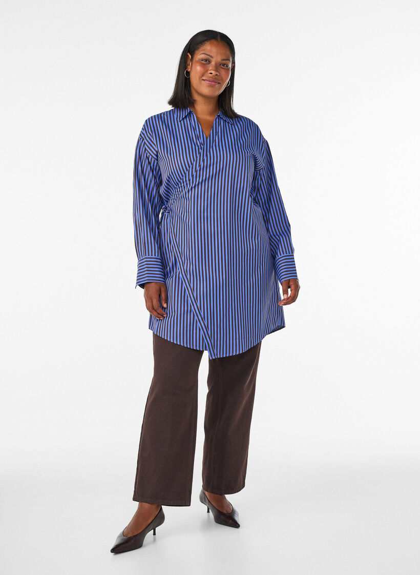 Striped shirt with a wrap effect and a tie-belt, Blue, Model image number 1